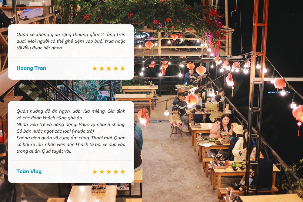 Không gian quán rộng rãi, 2 tầng thoáng đãng, phù hợp cho gia đình hoặc các đoàn khách lớn đến thưởng thức